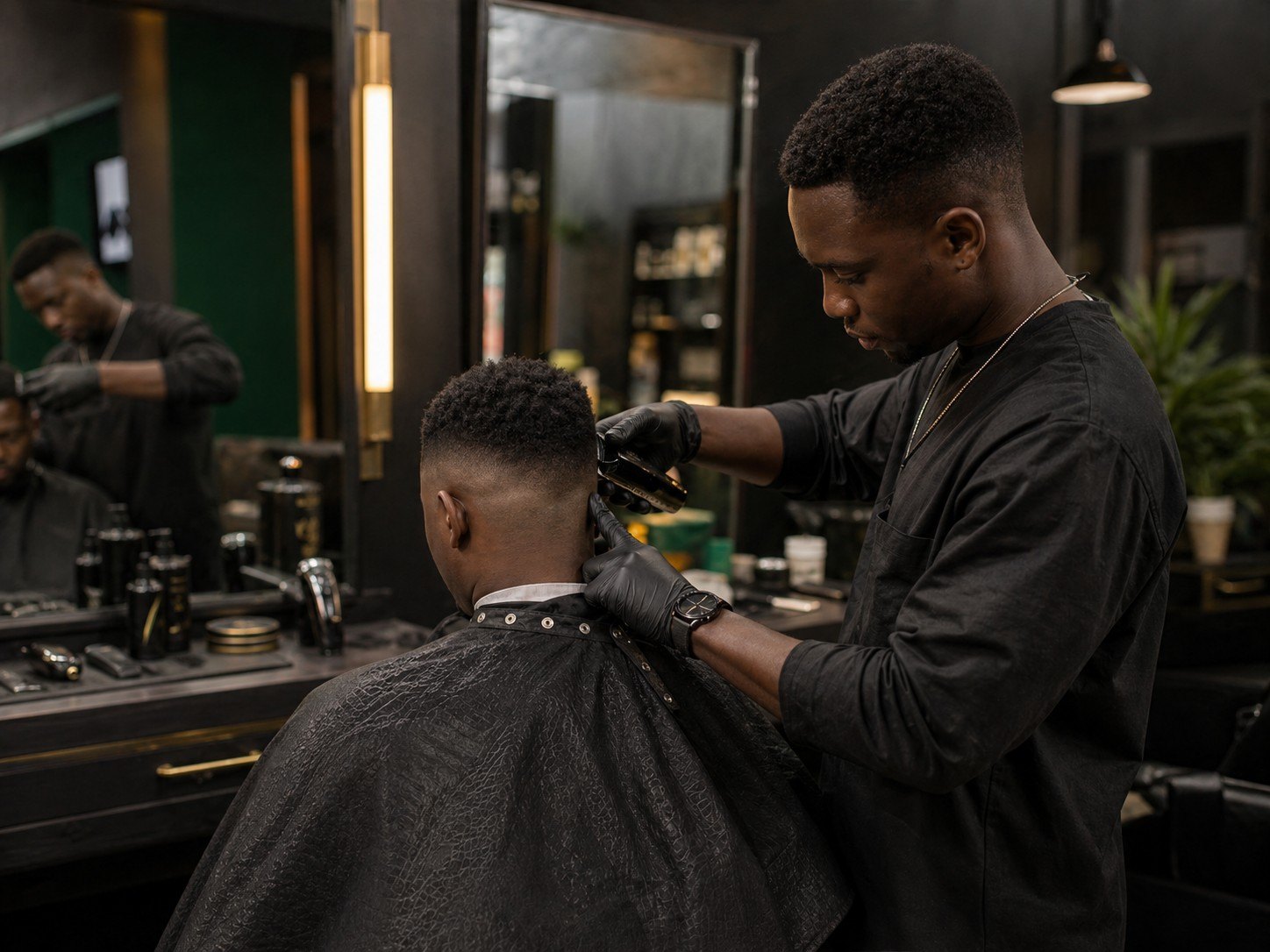 Barber shaping a premium fade haircut in a dark upscale barbershop