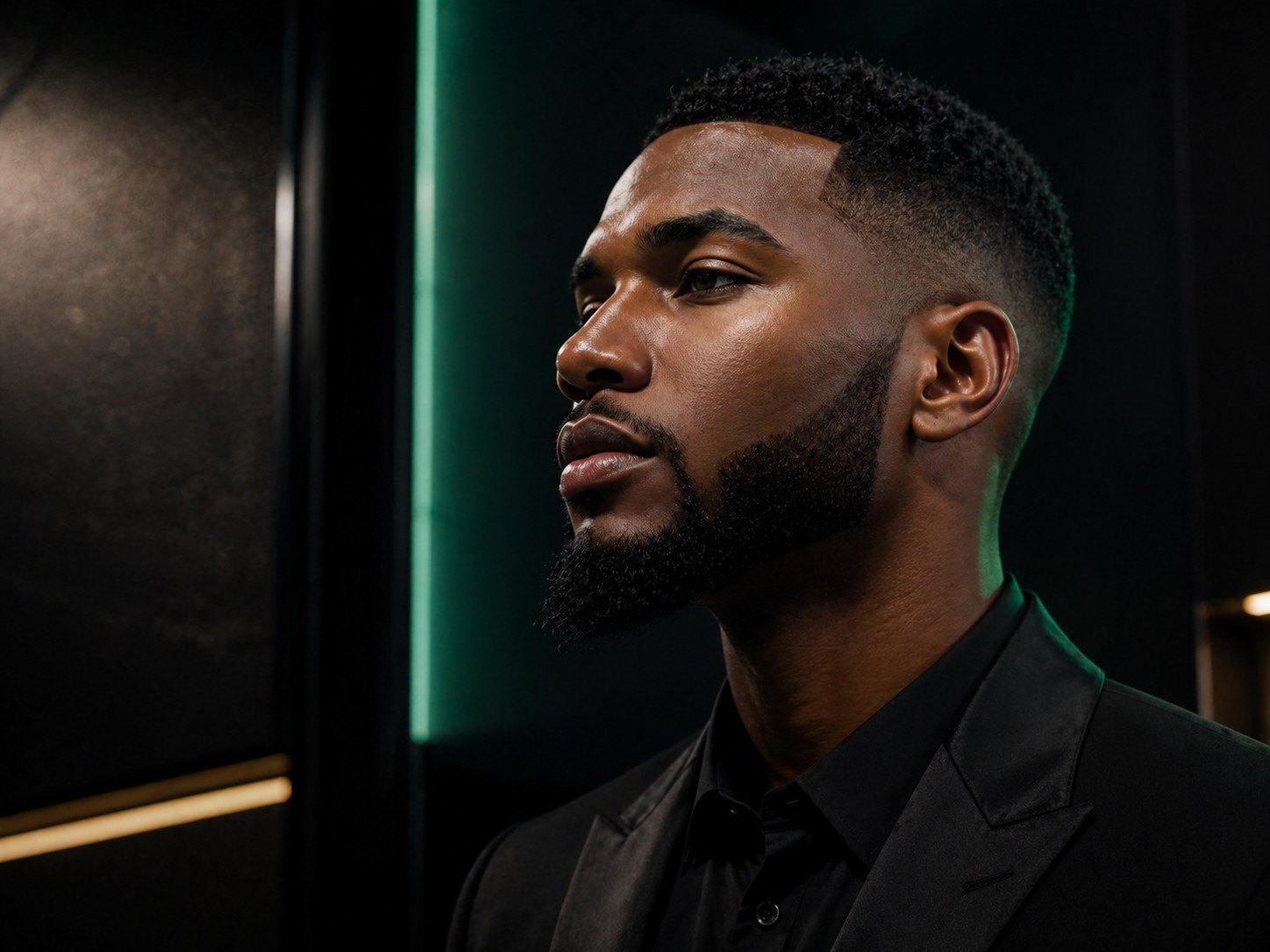 Sharp fade haircut and beard grooming portrait