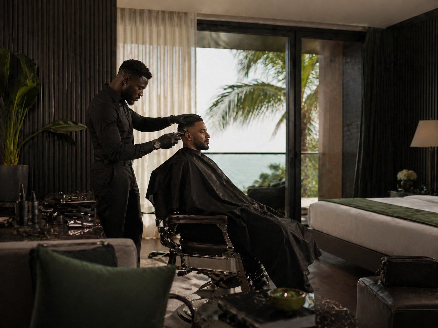 Mobile barber service in a premium hotel suite